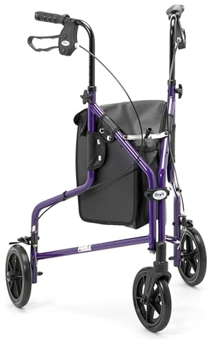 Days Lightweight Tri Wheel Walker Rollator – Aluminium Mobility Walker with Adjustable Height and Brakes – Foldable Walking Frame with Carry Bag – Mobility Aid for Elderly – Purple