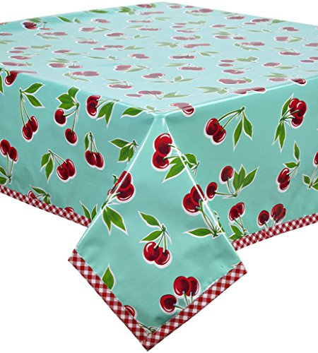 Freckled Sage Cherry Aqua Oilcloth Tablecloth with Red Gingham Trim 55x55