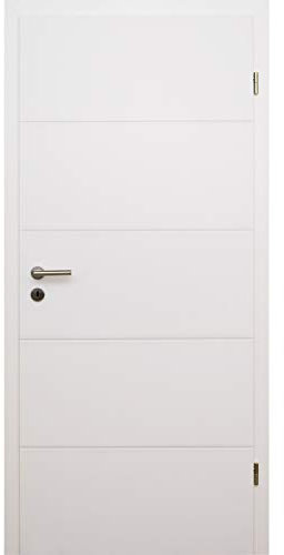 HORI® Zimmertür Komplettset mit Zarge und Türdrücker I Innentür weiß lackiert mit 4 Querstreifen I Höhe 198,5 cm I Anschlag, Breite und Wandstärke wählbar I DIN rechts I 1985 x 860 x 120 mm