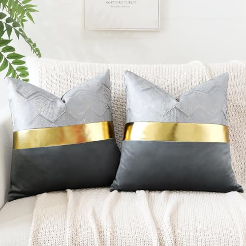 Artscope 2er Set Samt Kissenbezug für Sofa Auto Schlafzimmer Luxuriöser Moderne Minimalist Goldenen Ledernähten Wellenstreifen Dekokissen Kissenhülle Kissen Fall 45x45cm Grau