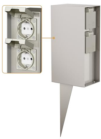 ledscom.de Columna de Enchufe para jardín POMI con Pica de Tierra para Exterior, IP44, cuádruple, Acero Inoxidable, Angular, 23cm