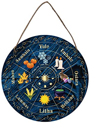 nbeads Wheel of The Year Holzschild, 30 cm Sabbats nordischen heidnischen Zeichen Hexen Runen Holz graviert Board, Wicca-Kalender, Weihnachtsaltar, himmlisches Zeichen, Vintage Weihnachtsschild Dekor
