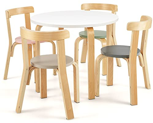 COSTWAY Juego de Mesa y Sillas para Niños de 5 Piezas con Respaldo de Madera Curvado, Mesa de Actividades para Niños con 4 Sillas, Muebles Infantiles para Hogar para Jugar, Dibujar, Leer (Coloreado)