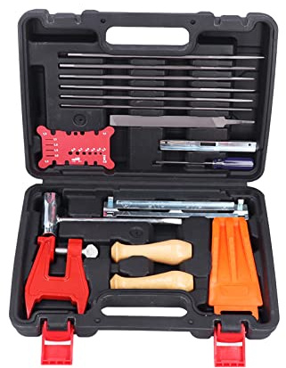 Tyenaza Kit d'affûtage de tronçonneuse 16 pièces avec étui de Rangement, Comprenant Une Lime Ronde, Un Tournevis Plat, Un Guide de Lime, Un Manche en Bois, Une Barre d'abattage et Un Outil de Mesure.