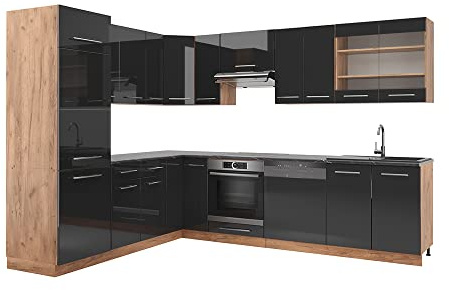 Vicco Eckküche Fame-Line, Anthrazit Hochglanz/Goldkraft Eiche, 287 x 46 cm ohne Arbeitsplatte, zur individuellen Erweiterung mit kompatiblen Modulen