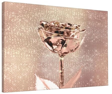 EgoMed Wall Art Prints, Canvas Wall Art hanging Painting for Home Decor Living Room 30X45CM,Pink Rose Flower Gold Copper Sequin Sparkly