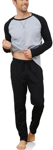 Reliwel Pyjamas Herr Lätt Bomull Pyjamas Män Bomull Långa Kontrasterande Färger Rund Hals Långärmad Och Tvådelade Byxor Lätt Mjuk, Svart, S