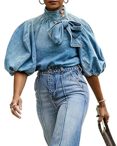 Women's Bow Design Denim Pullover Top Button Up High Neck Fashionable Jacket with Elastic and Puff Sleeves(Blue,S)