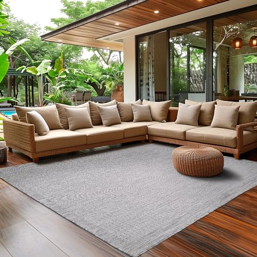 SIMPEX Outdoor Teppich Wetterfest Terrasse Balkon Garten Küchenteppich Einfarbiges Design Flachgewebe Sisal Look Waschbarer Teppich, Größe: 200 x 290 cm, Farbe: Grau