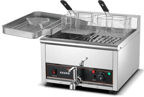 LFfwynog Desktop Electric Fryer, Stainless Steel Commercial Deep Fryer Can be Removed Fryer oil drain valve Fuel-saving oil return plate & Baskets for Home Restaurant,15L