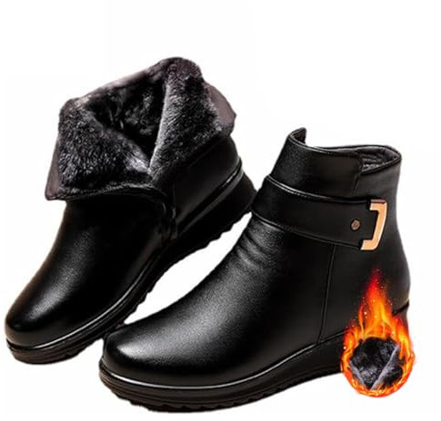 AMOUSDRDR Orthopädische Stiefel für Damen, Metallschnalle, echtes Leder, Wolle, Winter, warm, rutschfest, Plüschfutter, Stiefeletten mit seitlichem Reißverschluss