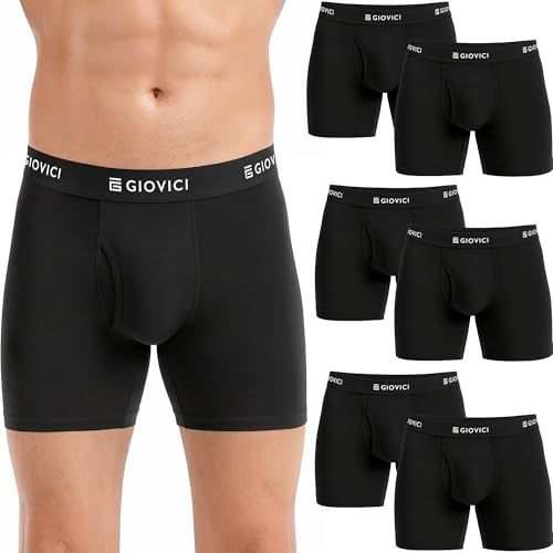 Giovici Mens Boxers, 6 Pack Stretch Cotton With Optional Fly, Anti-Chafe, Soft, Breathable, Tag-Free, Classic Underwear For Men, Multipack