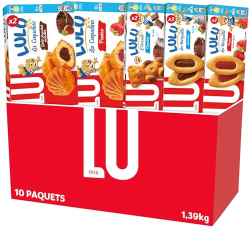 LU - La Boîte LULU - Assortiment de 10 Paquets : Barquette Chocolat Noisettes (x3), Coqueline Chocolat (x2), L'Ourson Chocolat (x2), Barquette Fraise (x2), Coqueline Fraise (x1) - Lot de 1,39kg