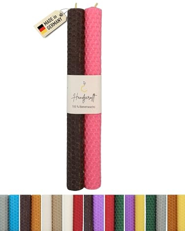 Wachsmann Candele di cera d'api arrotolate a mano, 100% cera d'api, set da 2 in diversi colori, Made in Germany