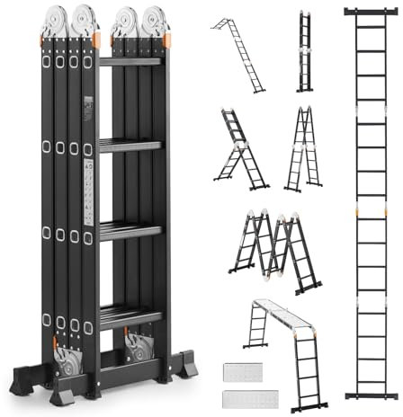 VEVOR Échelle Pliante Polyvalente 7 en 1 Escabeau Télescopique Réglable avec Planche Échafaudage, Barre Équilibre, Hauteur de Portée 4,65 m, Charge 150 kg, Cadre A 4 Marches, pour Extérieur Intérieur