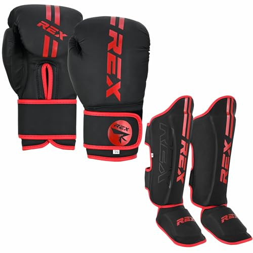 Rex Boxing Gloves, Pro Training Sparring Shin Guards for Kickboxing, Muay Thai, MMA and Training Pads and gloves set, Boxing shin pad Red