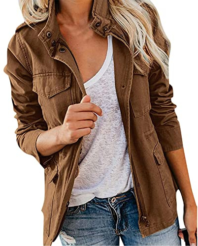 Bastwahl Veste Saharienne Femme - Veste Militaire Multi-Poches pour Femmes Anorak De Terrain Utilitaire à Manches Longues Et Fermeture éClair Veste Slim Spring Fall Outwear