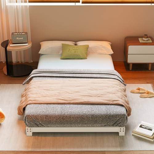 VERFARM Plattformbett aus Metall, Bettrahmen 90 x 200 cm - Höhe 8cm - Metallbett Bettgestell aus Metall, Modern Metallbett Für Erwachsene, Kinder, Jugendliche, Einfache Montage, Einzelbett Weiß