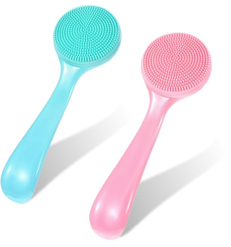 2 Pack Silicone Facial Cleansing Brush, Manual Scrubber for Removing Blackheads, Whiteheads, Skin Friendly Cleansing Soft Brush Exfoliating Massaging Brushes for Men and Women (Blue, Pink)