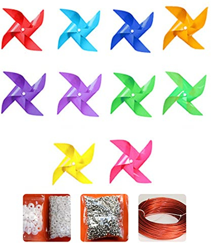 NIHENHAO 100 Piezas Molino de Viento + Cuerda de Alambre de 30 m + Accesorio Resistencia al Agua Daños Molino de Viento de plástico Juguete Jardín Césped Decoración de Fiesta Regalo Plástico