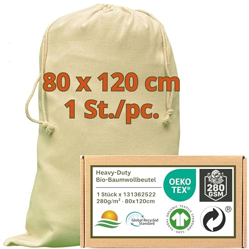 WIESEN.design Sacchetti per la biancheria, 280 g/m², in cotone resistente certificato Oeko-Tex, per applicazioni durevoli e professionali, 80 x 120 cm, 1 pezzo, sacco di stoffa, grande