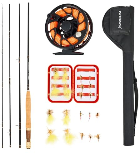 VEVOR Set di Canna da Pesca a Mosca in Fibra Carbonio e Mulinello in Carbonio IM7, Set Iniziale con Borsa per Canna e Scatola per Attrezzi e 6 Ami a Coda Corta e 4 Ami a Coda Lunga, per Viaggi