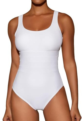 Costume Intero Donna Senza Maniche Tinte Unite - Costumi da Bagno Donna Slim Fit Affascinante, Interi Caratteristico Classic Swimwear Women Pancia Piatta Mare Bianco L