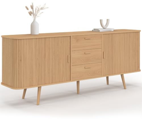 IDMarket - Buffet 200 cm Romie XXL Effet Lattes 2 Portes coulissantes et 3 tiroirs