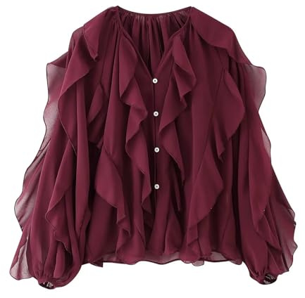 UJEDFHV Volangblus för dam, volangblusar för dam, lediga skjortor med enkel knäppning, vårsommar för fester, Vinrött, L