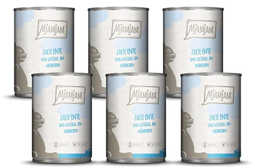 MjAMjAM - cibo umido premium per gatti - tenera anatra e pollame con deliziose carote, confezione da 6 (6 x 400 g), senza cereali con carne extra