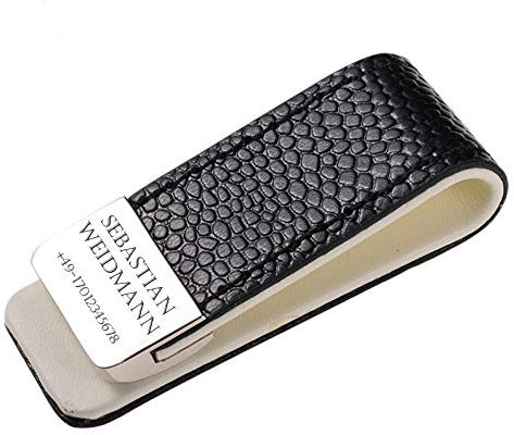 aplusashop Geldklammer mit Gravur nach Wunsch Geldscheinklammer Edelstahl Leder schwarz NEU (Mit Gravur)