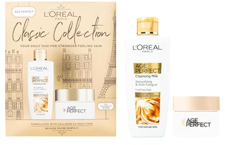 L’Oréal Paris Gift Set, Includes Cleansing Milk and Moisturiser, Age Perfect Collagen Anti-Ageing Routine For Smoothing and Retightening, Classic Collection