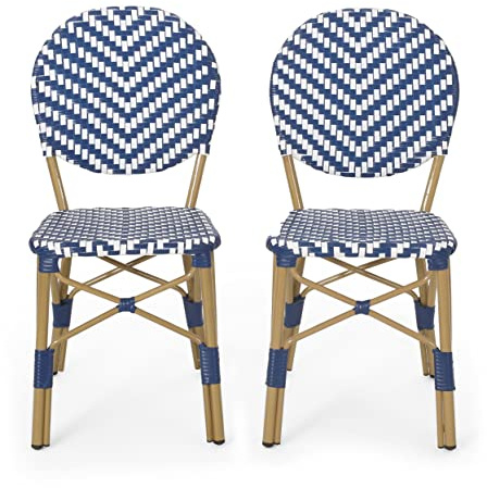Christopher Knight Home Picardy Outdoor Bistro Chair, Navy Blue + White + Bamboo Finish