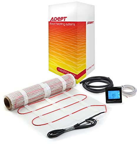 Adept Premium Electric Underfloor Heating Mat Kit 200W per m² with Self Adhesive Backing for Under Tile or Stone Floors - 1m2 Kit - Black Touchscreen Thermostat