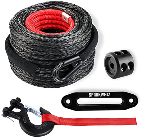 SPARKWHIZ Synthetic Winch Rope Cable Kit, 3/8 x 100 ft 26500LBS Winch Line Cable with Protective Sleeve+Winch Fairlead+ Stopper+Hook for for 4WD Off Road Vehicle Truck SUV ATV UTV