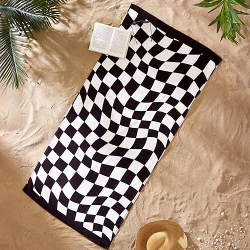 Catherine Lansfield Checkerboard 76x160cm Cotton Beach Towel Black White