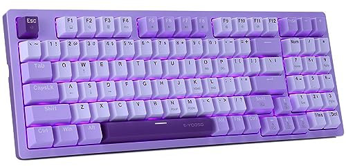 HUO JI Mechanical Gaming Keyboard USB Wired Compact with Number Pad, Purple Led Backlit, Blue Switch, Detachable Type C Cable, 94 Keys for PC/Computer/Laptop, White and Purple
