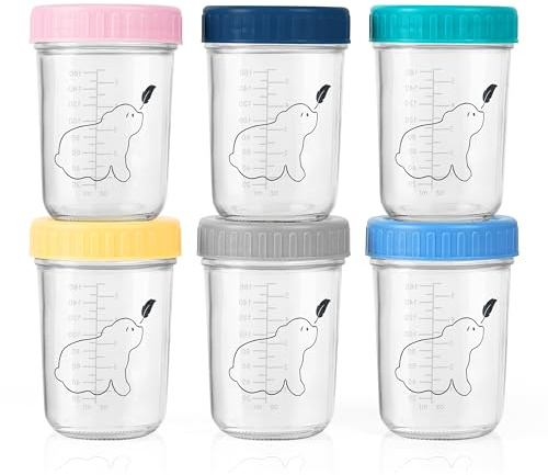 Budding Bear Petit Pot Conservation Bébé Verre 240ml (Lot de 6) - Pot Bebe Repas Réutilisables - Congélateur & Micro-Ondes (Sans Couvercles) - Lavage à la Main - Sans BPA, Phtalate, Plomb, PVC