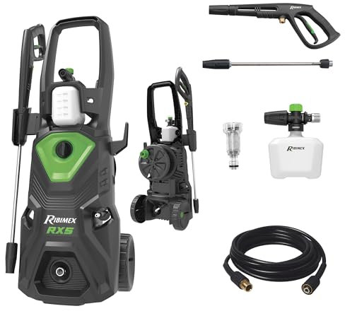 Ribimex Idropulitrice ad Alta Pressione RX5, 2200W, 160 Bar, 460 L/h, Getto Regolabile, Serbatoio Detergente 550 mL, Tubo da 6 m, Protezione IPX5, Arresto Automatico, Avvolgitubo Integrato - PRNHP05