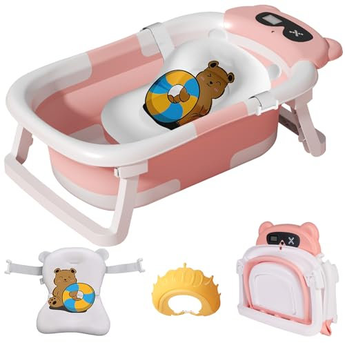 LiveGo Collapsible Baby Bathtub, Foldable Infant Tub for Newborn to Toddler (0-36 Months), Real-Time Temperature Monitor, Soft Cushion, Portable, Anti-Slip Feet, Drain Hole for Easy Use