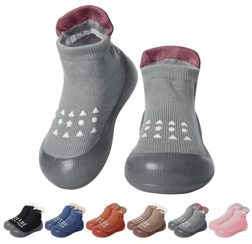 EDOTON Scarpe da Gattonare Scarpine Calze da Passeggio per Bambina Scarpe Calzini per Bambini Scarpe con Suola Morbida Antiscivolo (Grigio,6-9 Mesi,18/19)