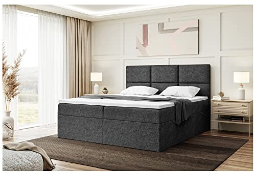 MEBLINI Boxspringbett mit Bettkasten - 200x200 - Gepolstert Doppelbett mit Matratze und Topper - Polsterbett mit Stauraum - Bett ohne Kopfteil - Stauraumbett - KYLIAN - H4/Dunkelgrau Webstoff