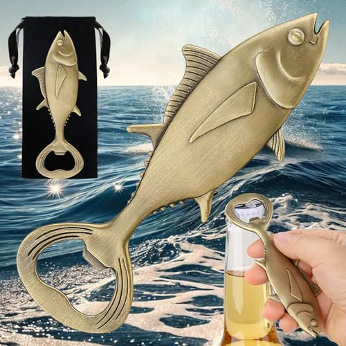 LKKCHER Tuna Beer Bottle Opener, Fishing Gifts for Fisherman, Tuna Fish Decoration, Birthday Fathers Day Christmas Gifts for Men Women Dad Fisherman, Bronze Beer Accessories with Bag