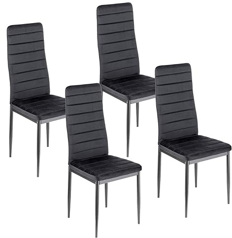 Baroni Home Set de 4 Sillas de Comedor con Respaldo Alto y Asiento Ergonómico con Costuras Decorativas, Sillas Elegantes Acolchadas en Terciopelo con Estructura de Acero, 42x43x98 cm, Terciopelo Negro
