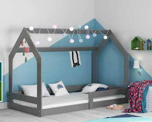 Interbeds Hausbett 160x80cm Montessori Kinderbett Bodenbett Holzbett Einzelbett mit Rausfallschutz mit Lattenrost