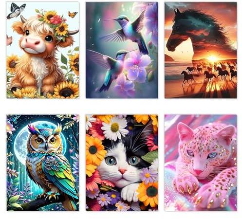 Mrnsiet 6 Pack Animal Diamond Art Kits for Adults,Animals Diamond Painting Kits for Adult Beginners,5D Round Drill Crystal Gem Art Painting Crafts for Home Wall Decor 12x16 lnch.