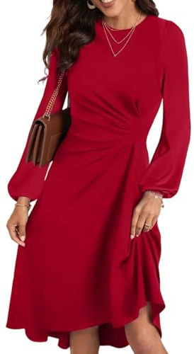HUXRAKV Robe Femme Chic et Elegant Midi Robe de Cocktail Manches Longues Robe de Abendkleid Soirée Fête Affaires,WD42-Rouge,S
