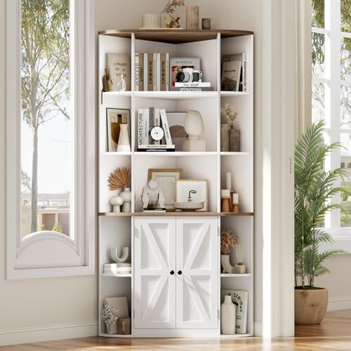Halitaa Corner Storage Cabinet, 67” Tall Corner Bookshelf with Barn Doors and Adjustable Shelf, Farmhouse Storage Shelf with Bottom Cabinet for Study, Living Room and Kitchen(White and Brown)