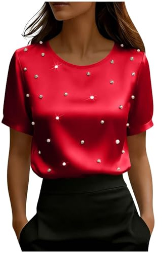 Uwdiohq Womens Elegant Pearls Beaded Neck Long Sleeve Blouse Solid Loose Fit Satin Tops Fashion Summer Outfits Women (Red, L) Womans Shirts for UK Blouses V T Linen Shirt Women's & White Top