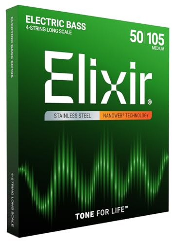 Elixir Strings, Electric Bass Guitar Strings, Stainless Steel with NANOWEB Technology, Longest-Lasting Bright Tone with Comfortable Feel, 4-String Set, Long Scale, Medium 50-105